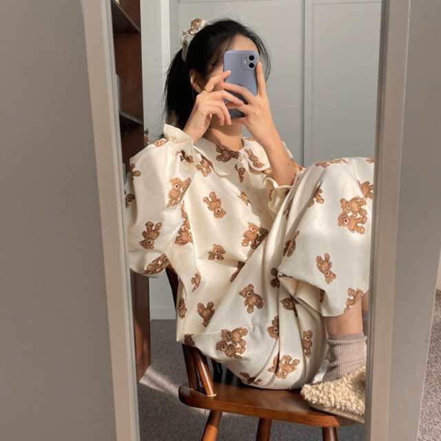 パジャマ レディース ワンピース クマ 柄 ナイトドレス 部屋着 ルームウェア シュシュ ヘアアクセサリー セット 2点 襟付き ボタン プルオーバー カジュアル 韓国 オルチャン 普段使い お泊り 