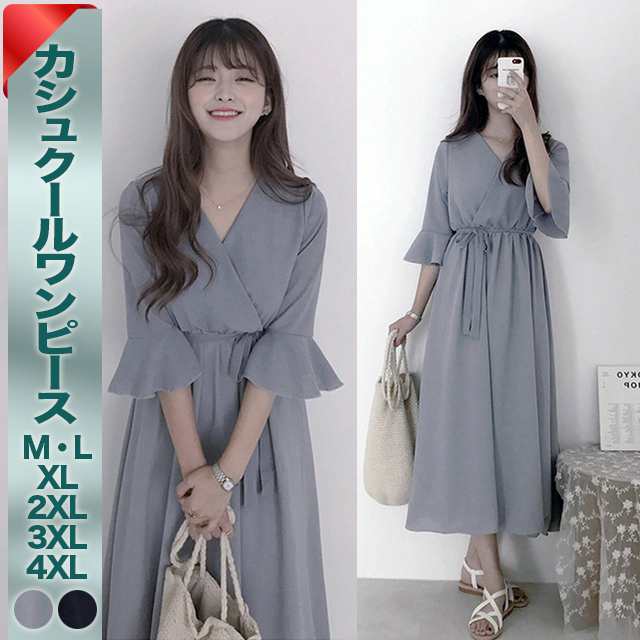 レディース カシュクール ワンピース 人気 通販 大きい サイズ 3XL 4XL フレア 膝下 ロング丈 袖あり 半袖 五分袖 Vネック シフォン リボン 大人 可愛い きれいめ シンプル カジュアル