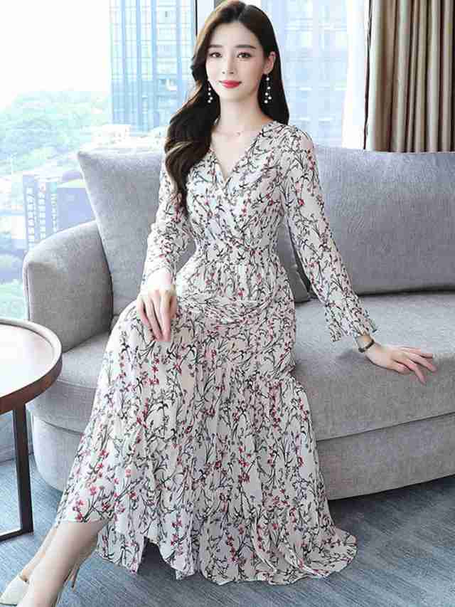 ワンピース 長袖 レディース きれいめ ロング ミモレ 丈 ドレス フレア シフォン Vネック カシュクール 花柄 ハイウエスト 華やか フェミニン かわいい シンプル カジュアル おしゃれ 着痩せ 